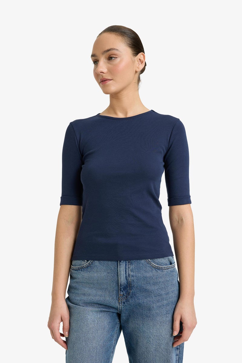 DeFacto Blue Woman Slim Fit Crew Neck Ribbed T-Shirt Casual - Image 3